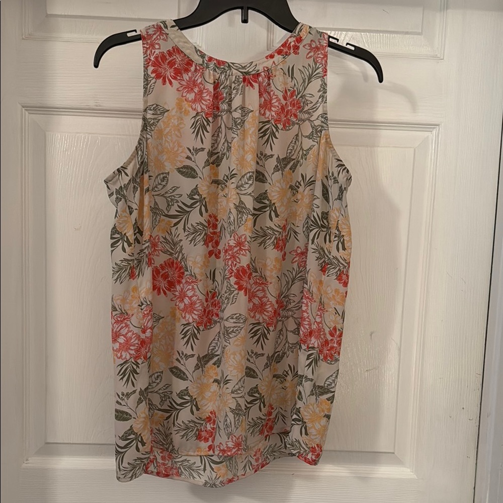 LOFT Cream and Pink Gathered Sleeveless Tank Top